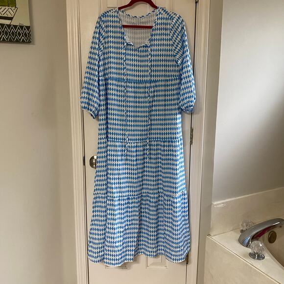 SHEIN • Blue + White Argyle Diamond Print Bohemian Light Maxi Dress - Picture 2 of 8